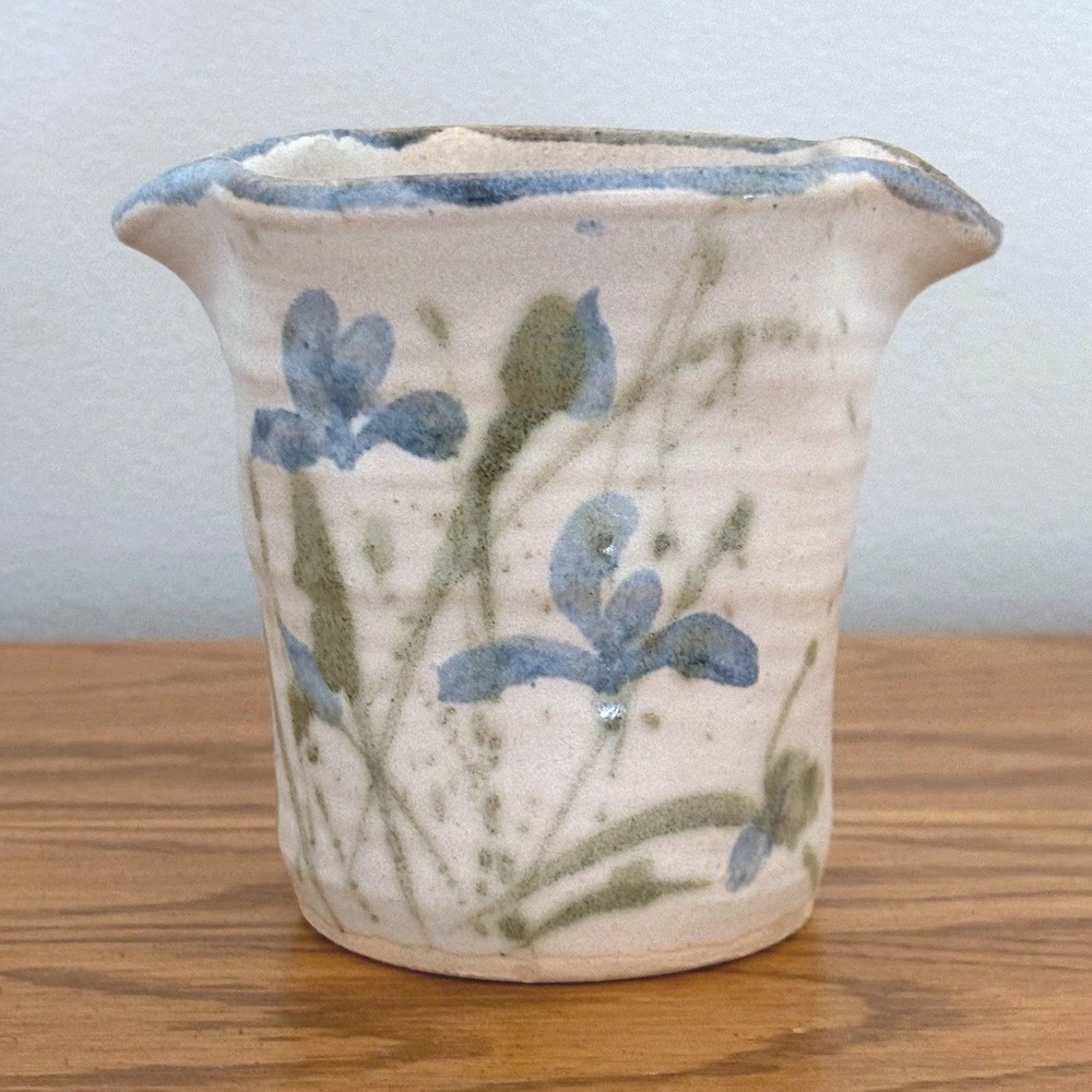 Studio Pottery Hand Thrown Floral Vase Blue Iris Stoneware Wavy Rim Cream